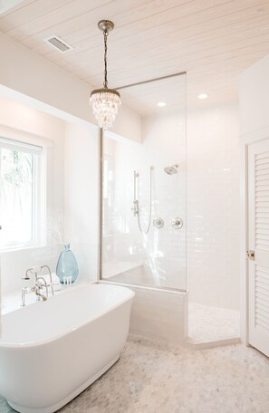 Bathtub, hair dryer, bidet, towels