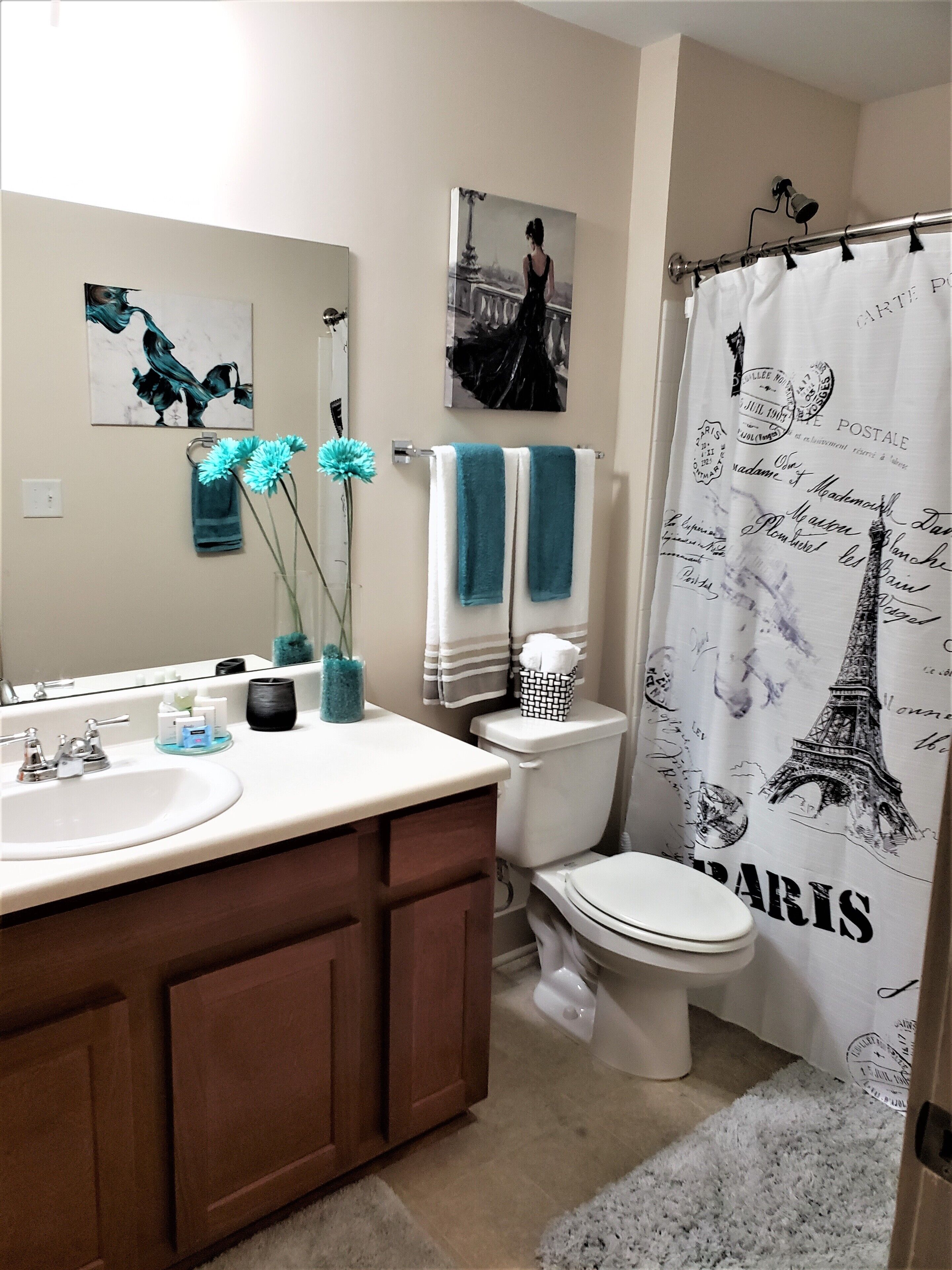 Combined shower/tub, hair dryer, towels, soap