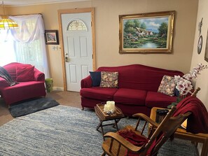 Smart TV, fireplace, DVD player, books