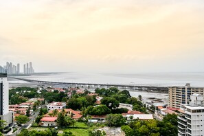 A coastal cityscape with a prominent pier extending into the sea, surrounded by residential buildings and lush greenery.