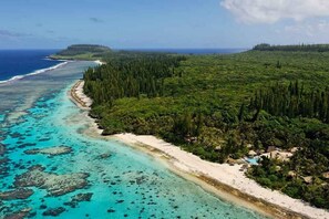 An aerial view of a coastal area with a beach, dense forest, and clear turquoise waters. - Hotel Nengone Village (Mare)