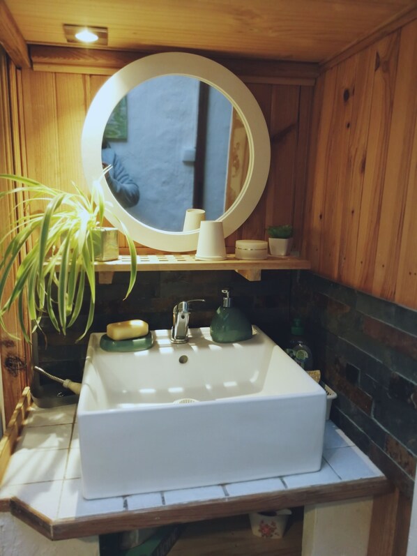 Un baño con un lavamanos blanco, un espejo redondo, un dispensador de jabón verde y una planta en maceta.