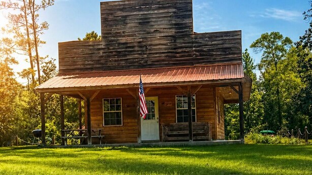 A wooden cabin with a porch, an American flag, and a well-maintained lawn.