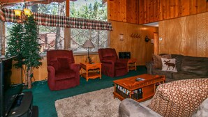 House, 4 Bedrooms | Living room | 36-inch flat-screen TV with digital channels, TV, fireplace - Avalon Hide Out-1336 by Big Bear Vacations (Big Bear Lake)
