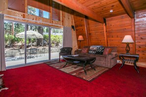 Chalet, 3 Bedrooms | Living room | 36-inch TV with cable channels, fireplace, table football - Summit Paradise-845 by Big Bear Vacations (Big Bear Lake)