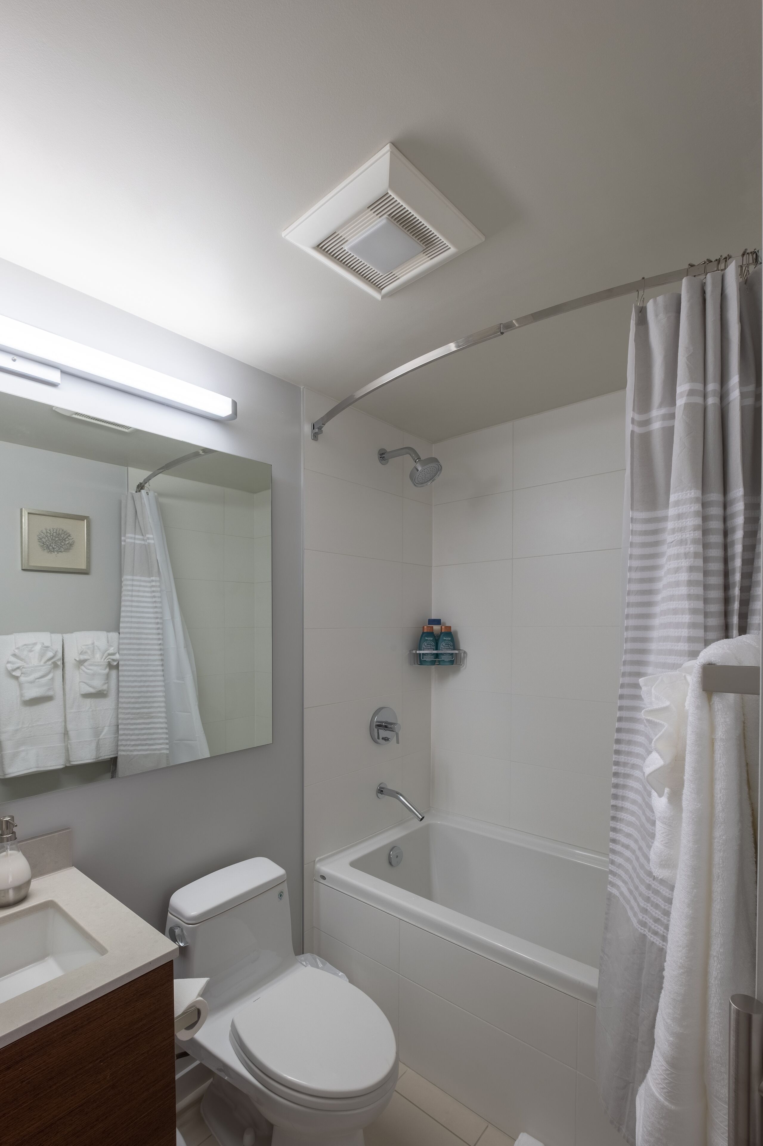 Combined shower/tub, hair dryer, towels, soap