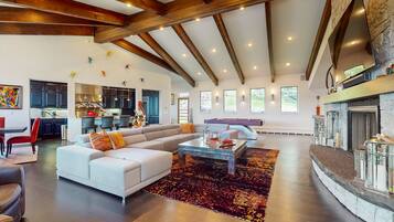 TV, fireplace, books, stereo