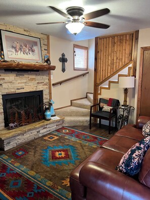 Smart TV, fireplace, books