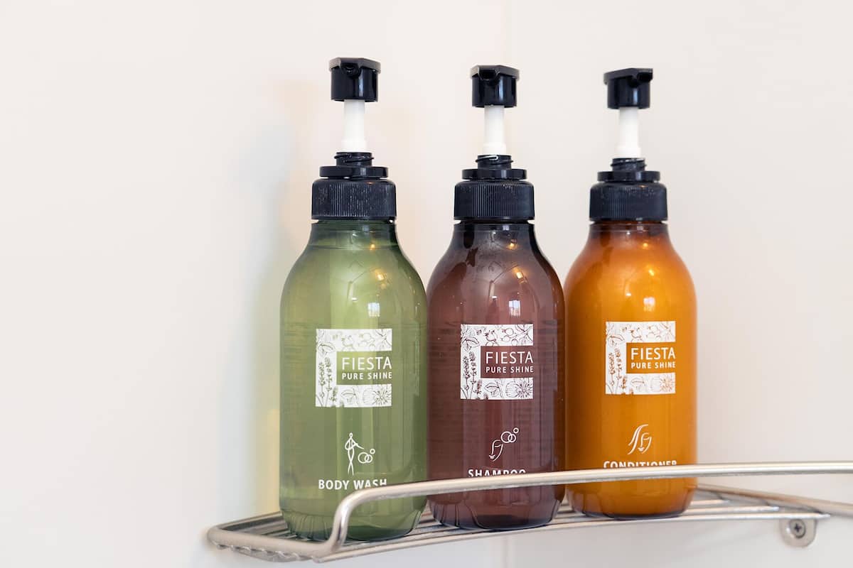 combined shower/bathtub, free toiletries, hair dryer, slippers