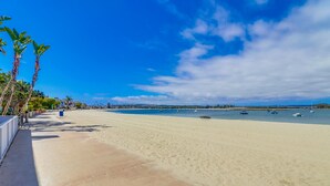 Una playa con un paseo marítimo de hormigón, palmeras y barcos en el agua.