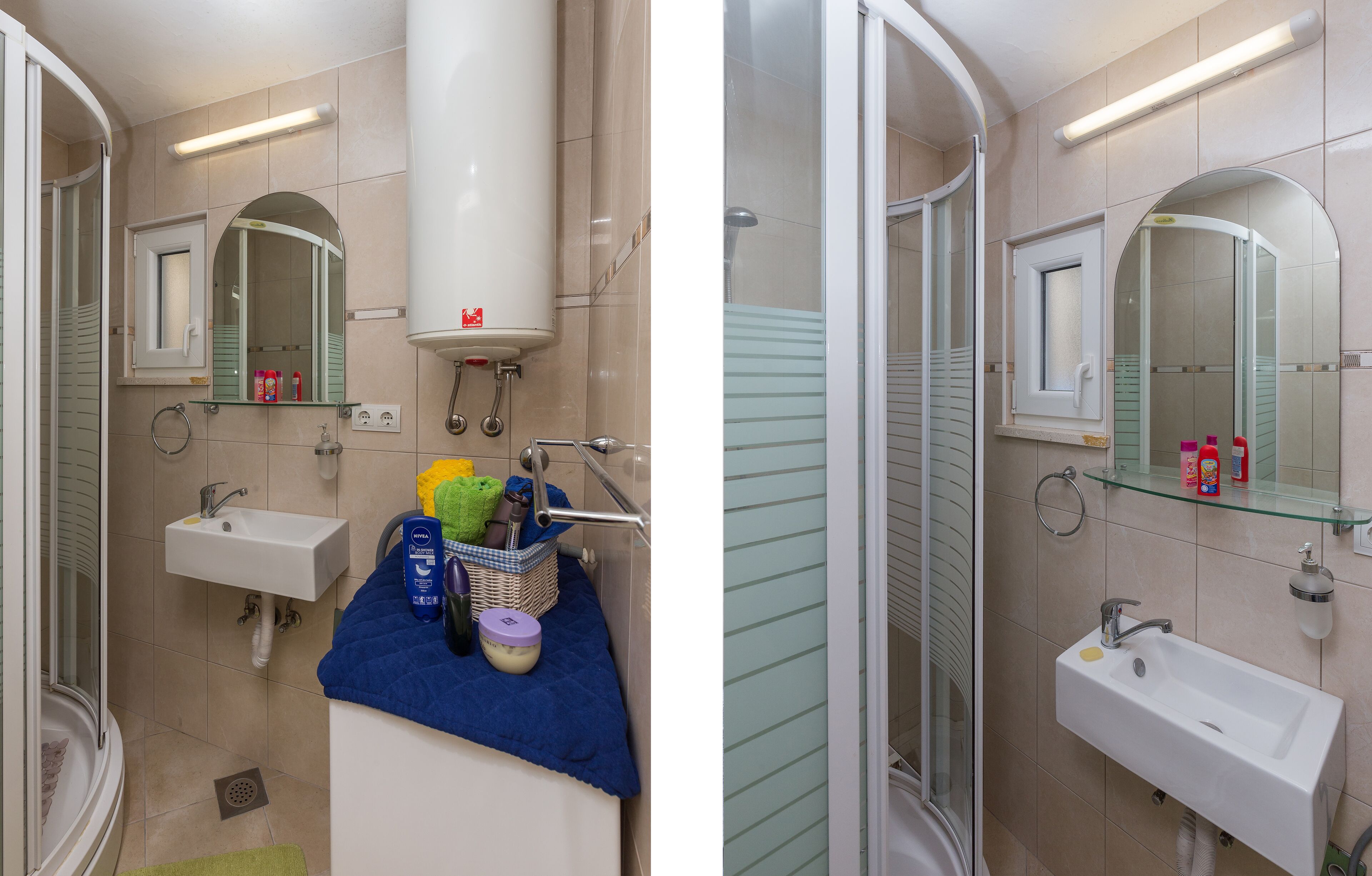 Une salle de bain avec un lavabo, un miroir et une douche.
