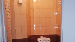 Kylpyhuone, jossa on wc, pesuallas ja suihkuverho.