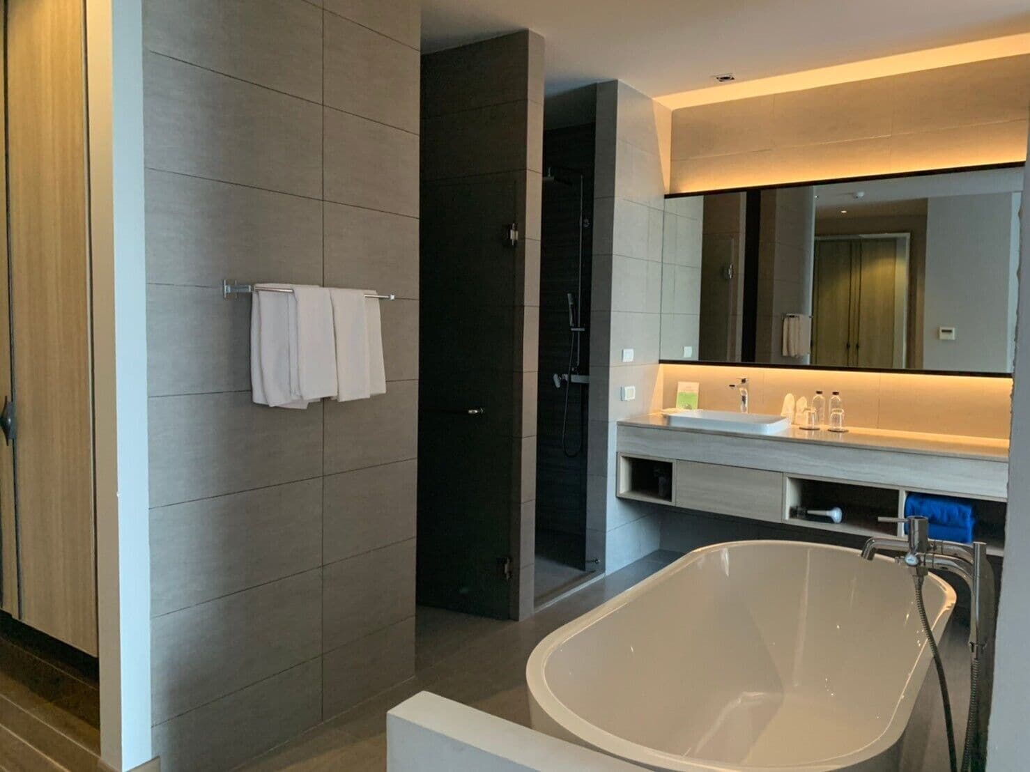 Une salle de bain moderne dotée d’une grande baignoire, d’une douche à l’italienne et d’un meuble-lavabo avec miroir.