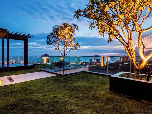 Enjoy unobstructed city views from this outdoor terrace with a grassy area and a tree.