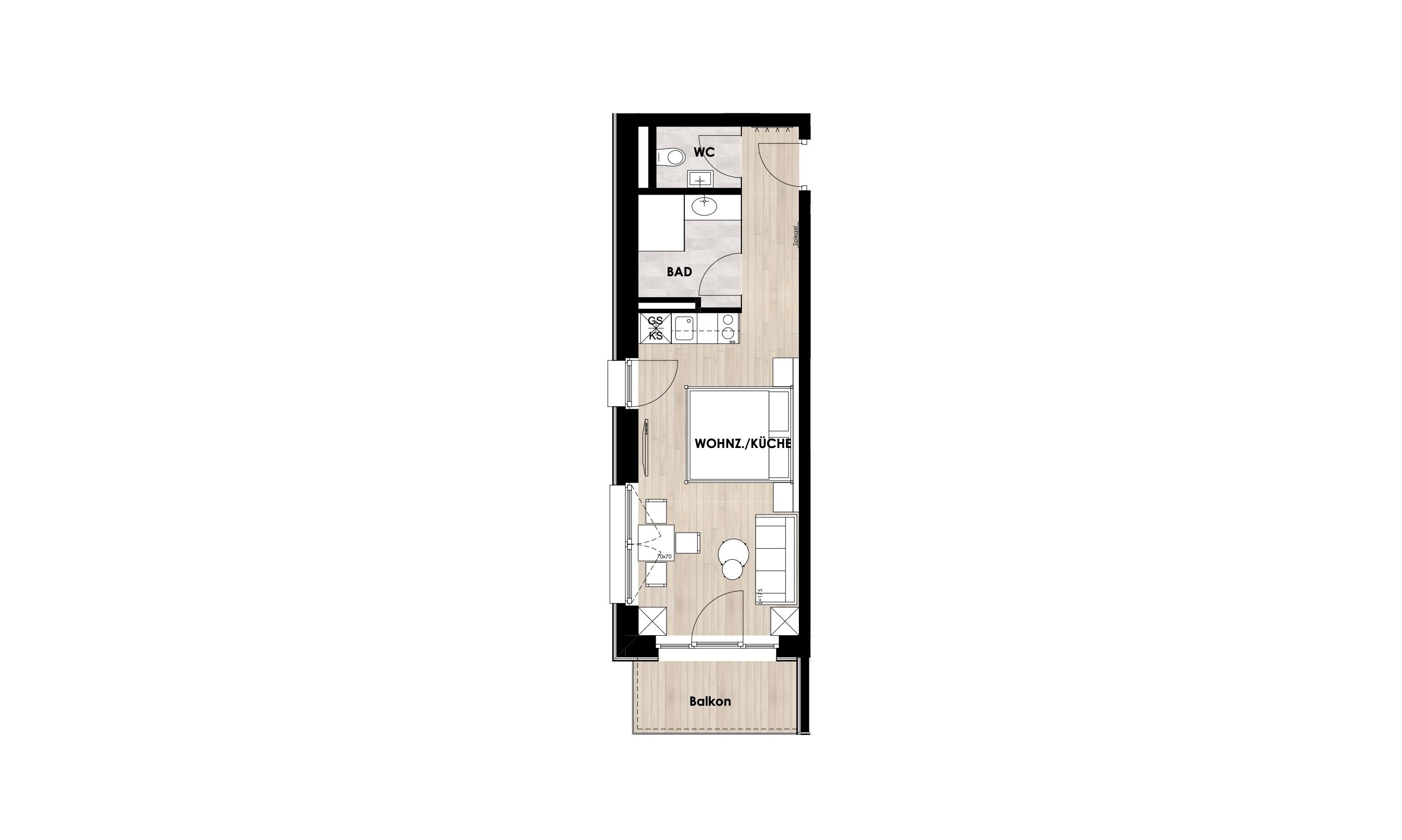 A floor plan of a hotel room with a balcony, a WC, a kitchen area, and a living room.