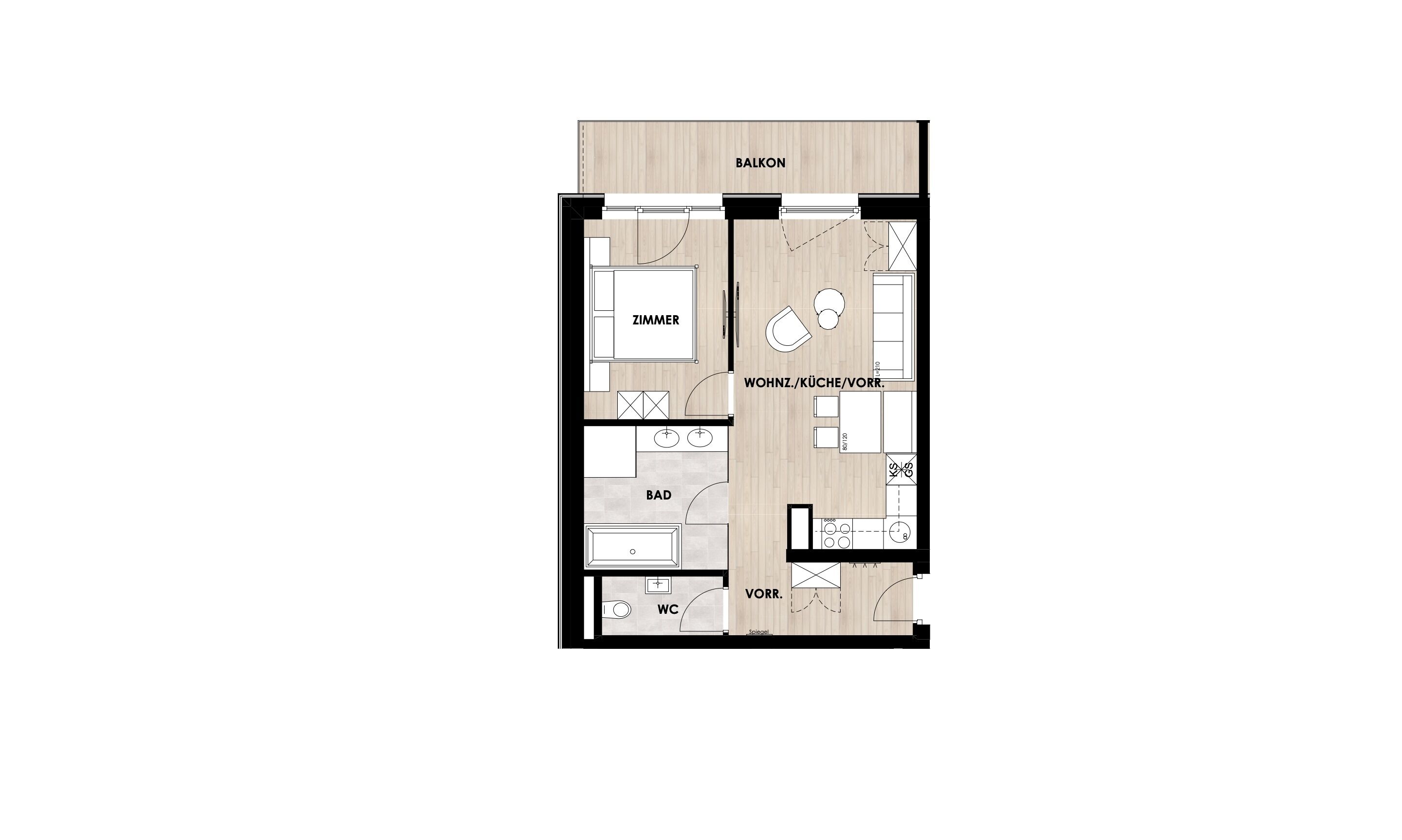 A floor plan of a hotel room with a balcony, a living room, a kitchen, a bathroom, and a WC.