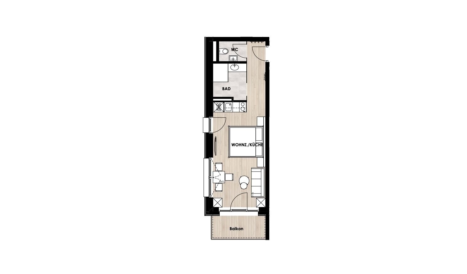 A floor plan of a hotel room with a balcony, a bathroom, a kitchen, and a living area.