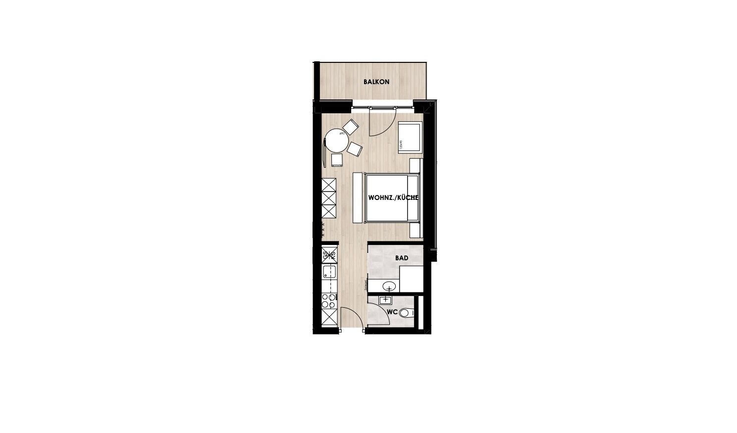 A floor plan of a hotel room with a balcony, a living room, a kitchen, a bathroom, and a WC.