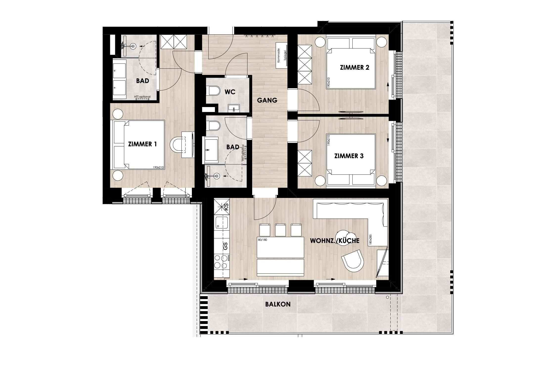 Un plan d’étage d’un hôtel comprenant trois chambres, deux salles de bain, une cuisine, un espace de vie et un balcon.
