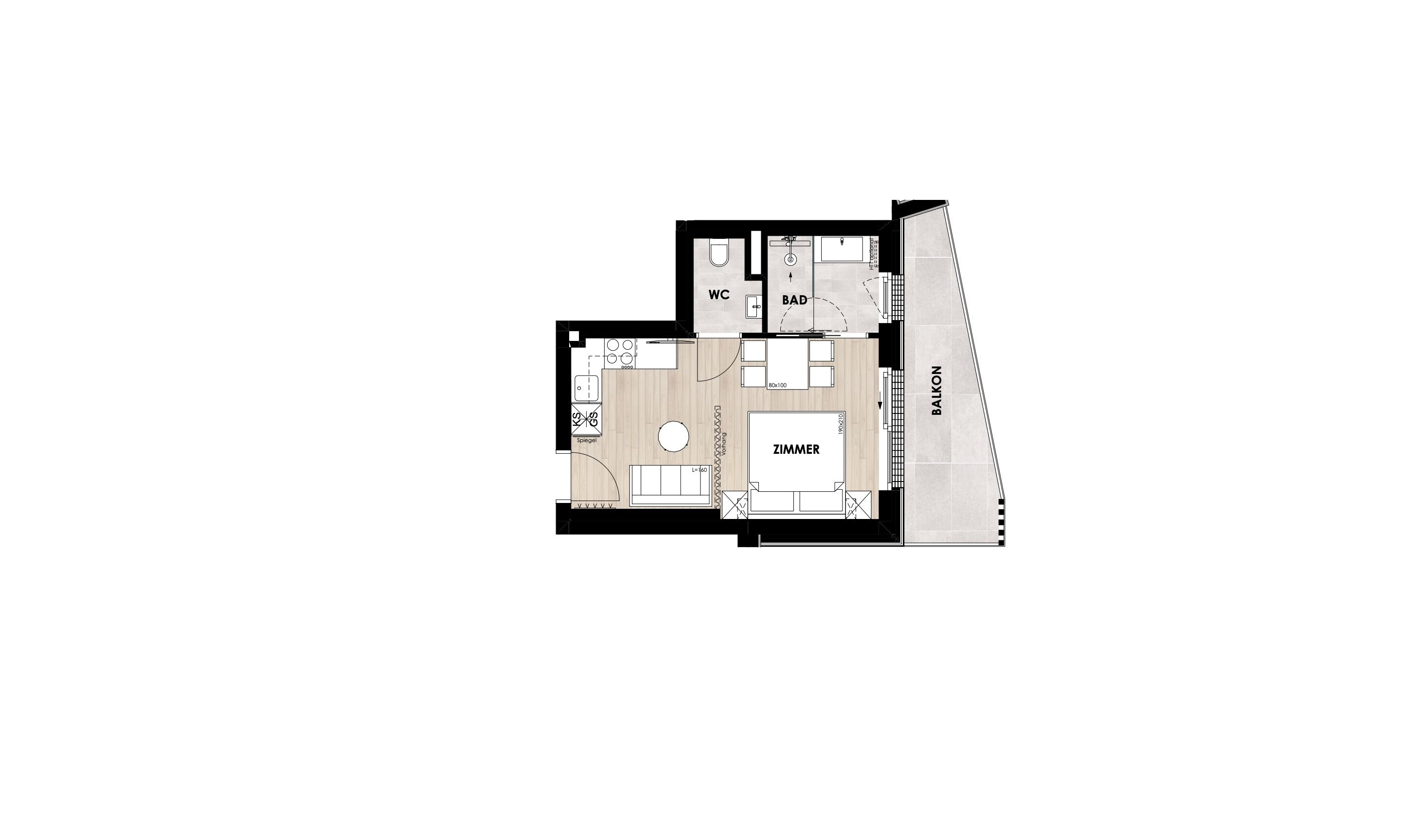 Plano de planta que muestra una sala de estar, cocina, baño y balcón.