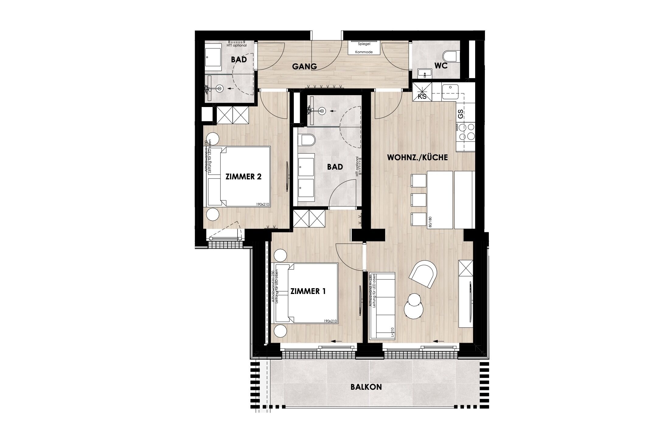 A floor plan of an apartment with two bedrooms, a kitchen, a bathroom, a living room, and a balcony.