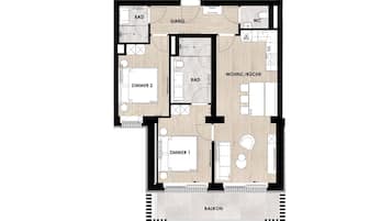 A floor plan of an apartment with two bedrooms, a kitchen, a bathroom, a living room, and a balcony.