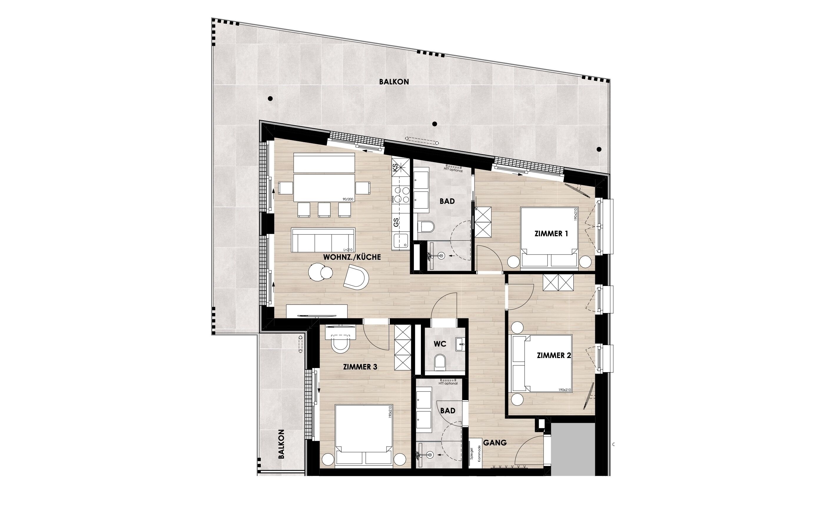 A floor plan of a hotel with a balcony, three bedrooms, a bathroom, a kitchen, and a living area.