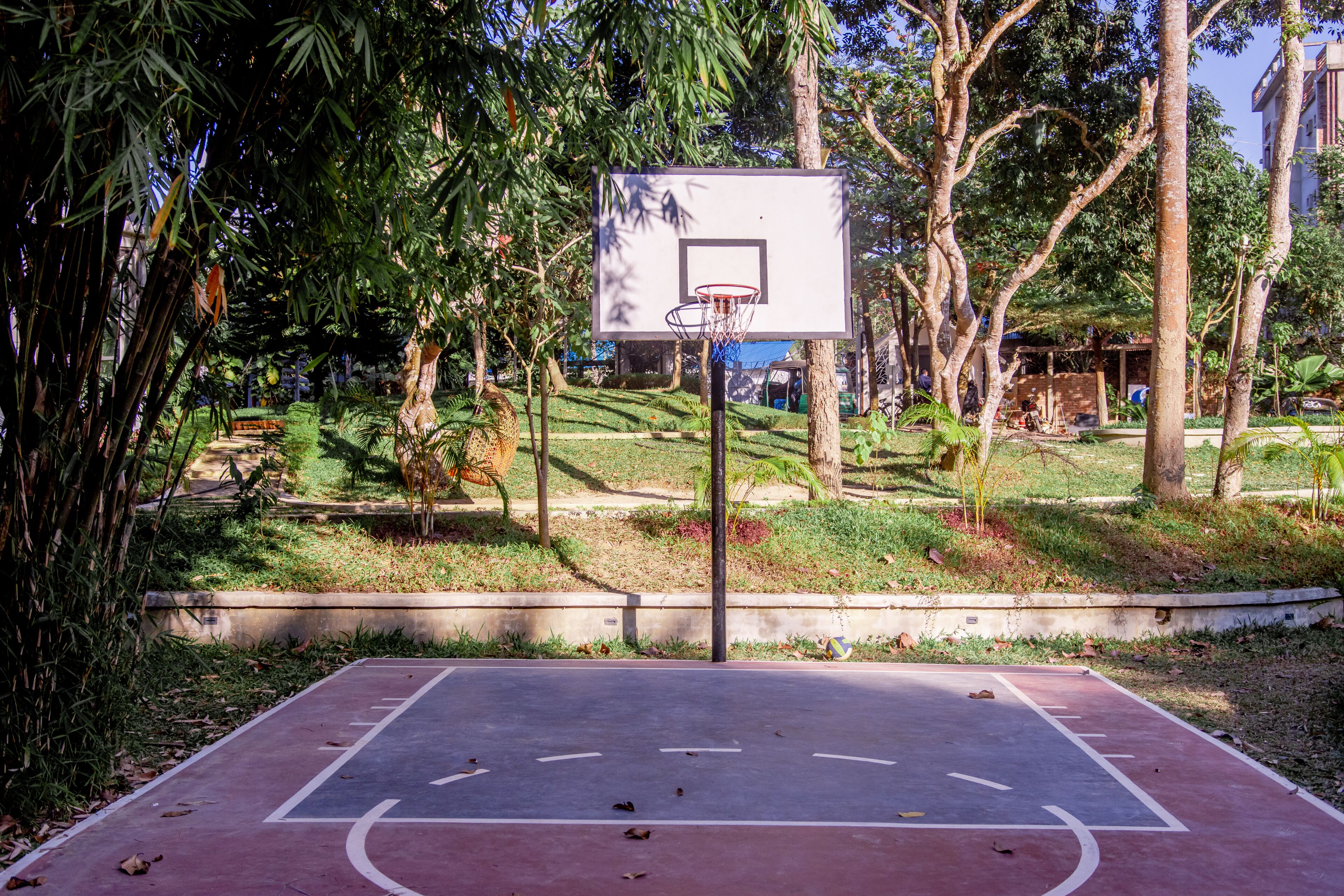 An outdoor basketball court surrounded by trees and greenery.