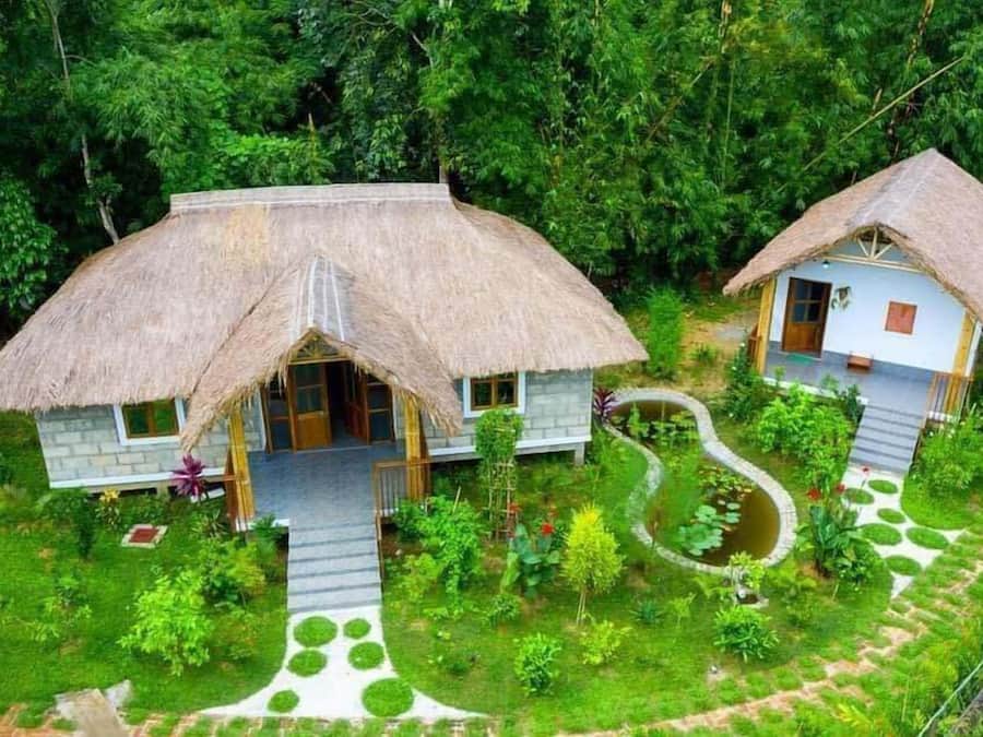 Two thatched-roof cottages surrounded by lush greenery, with a garden path leading to each house.