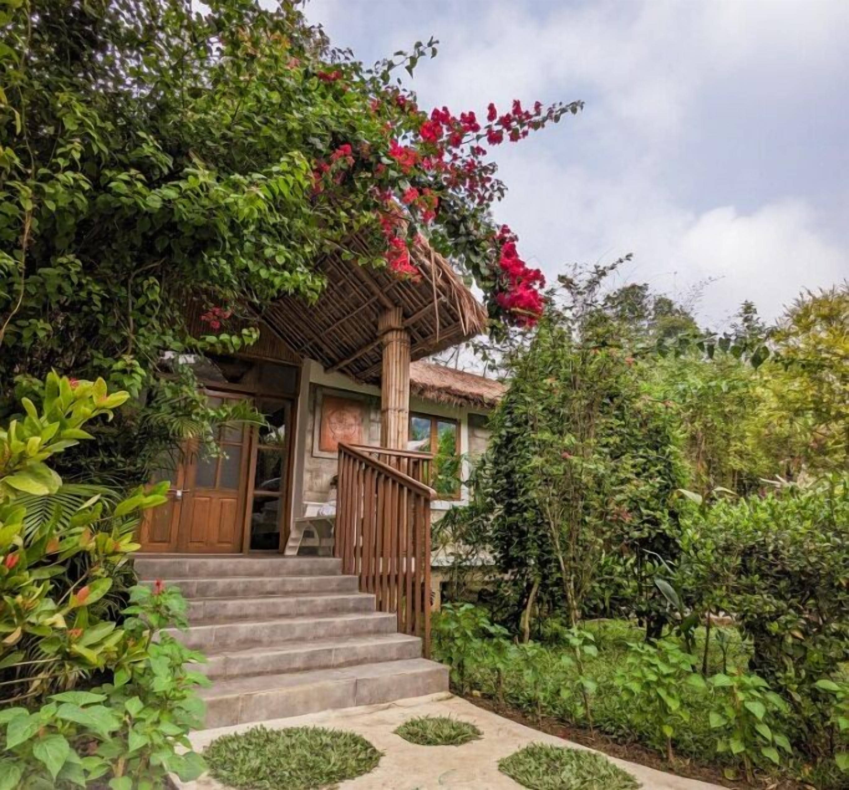 Une maison avec un escalier en bois menant à un porche, entourée d’une végétation luxuriante et de plantes en fleurs.