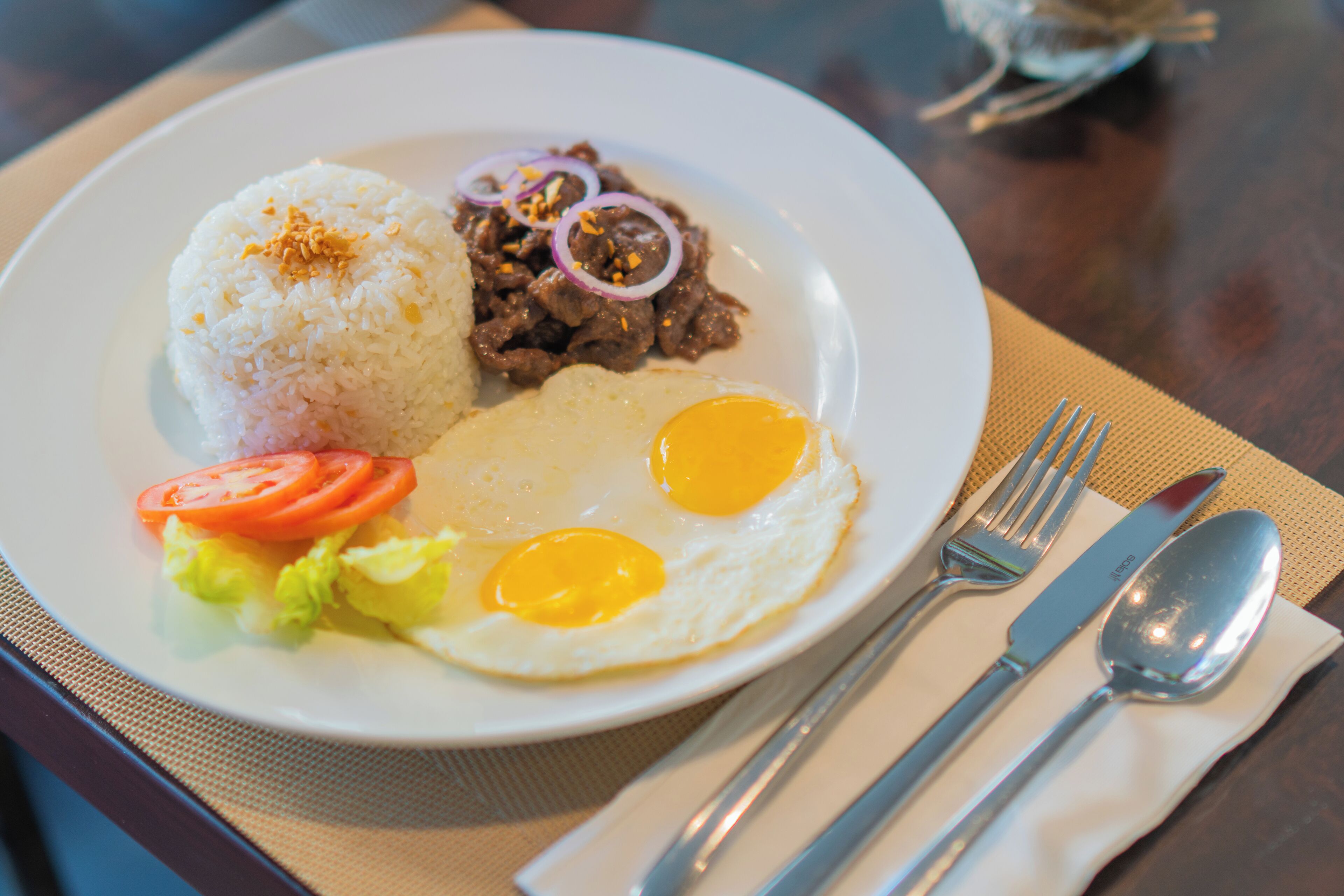 Un plato con arroz, carne, huevos y verduras.