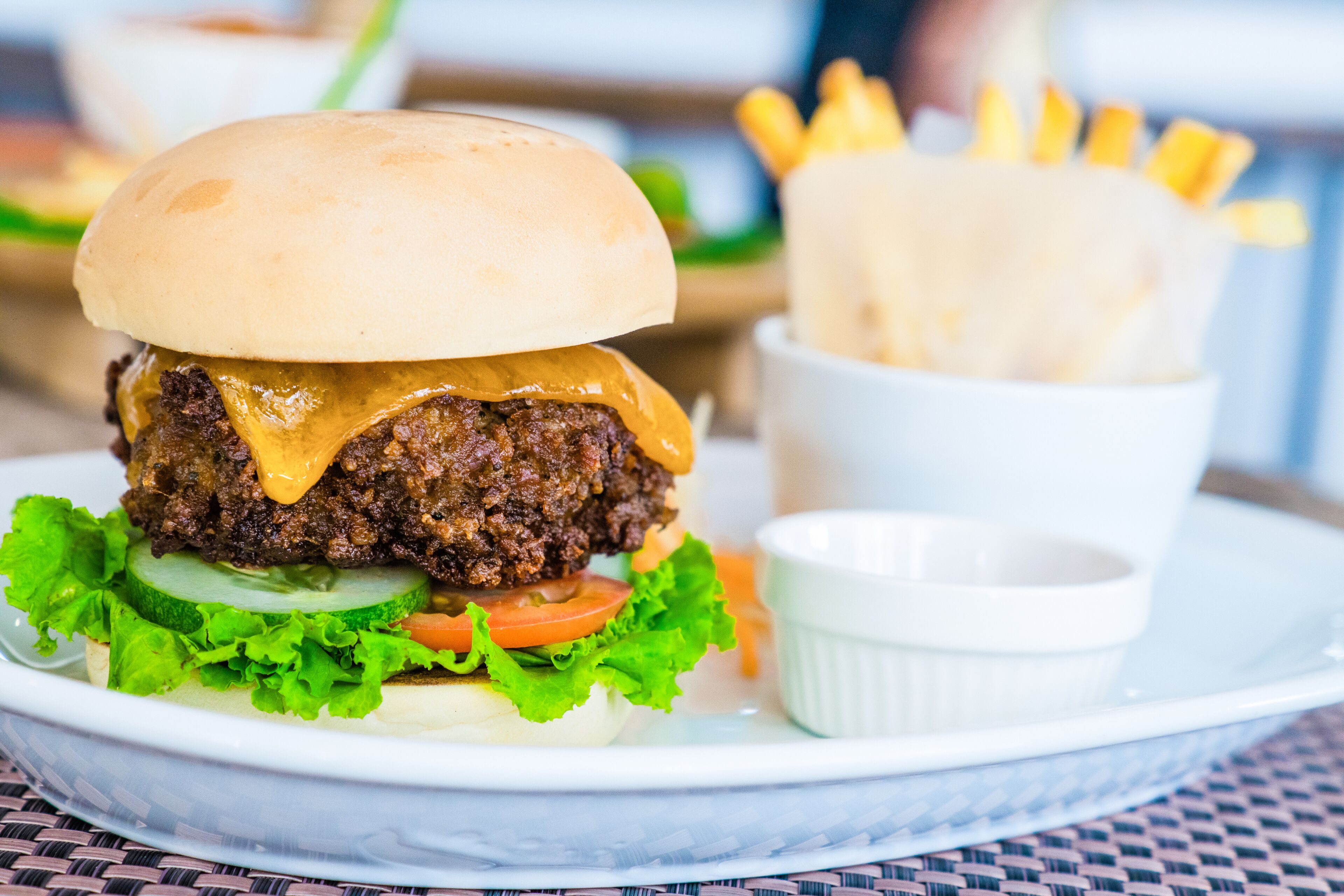 A burger with lettuce, tomato, and a bun, served with fries and a small cup of sauce on a white plate.