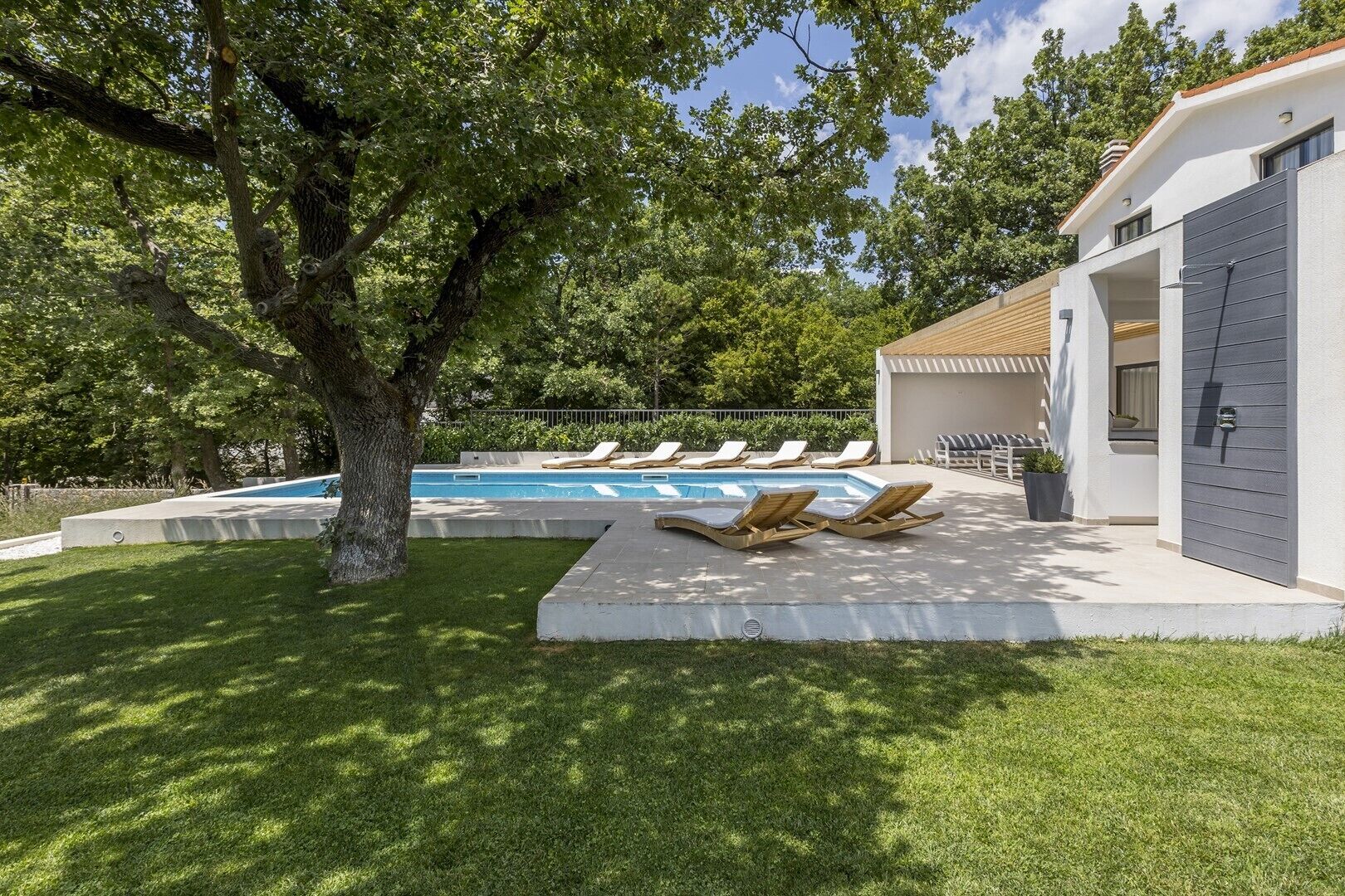 A modern house with a swimming pool, a tree, and a well-maintained lawn.