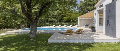 A modern house with a swimming pool, a tree, and a well-maintained lawn.