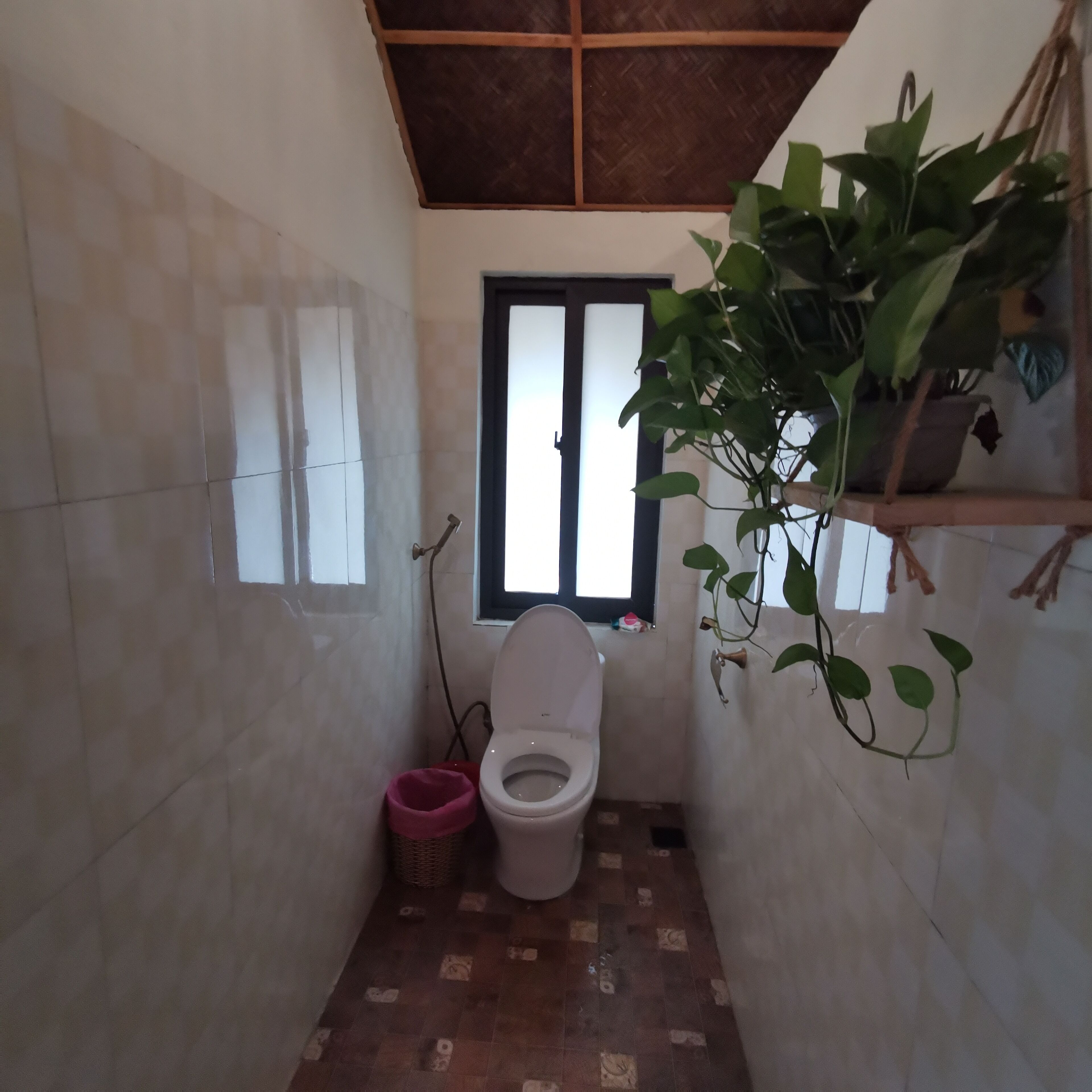 A small bathroom with a toilet, a window, and a potted plant.