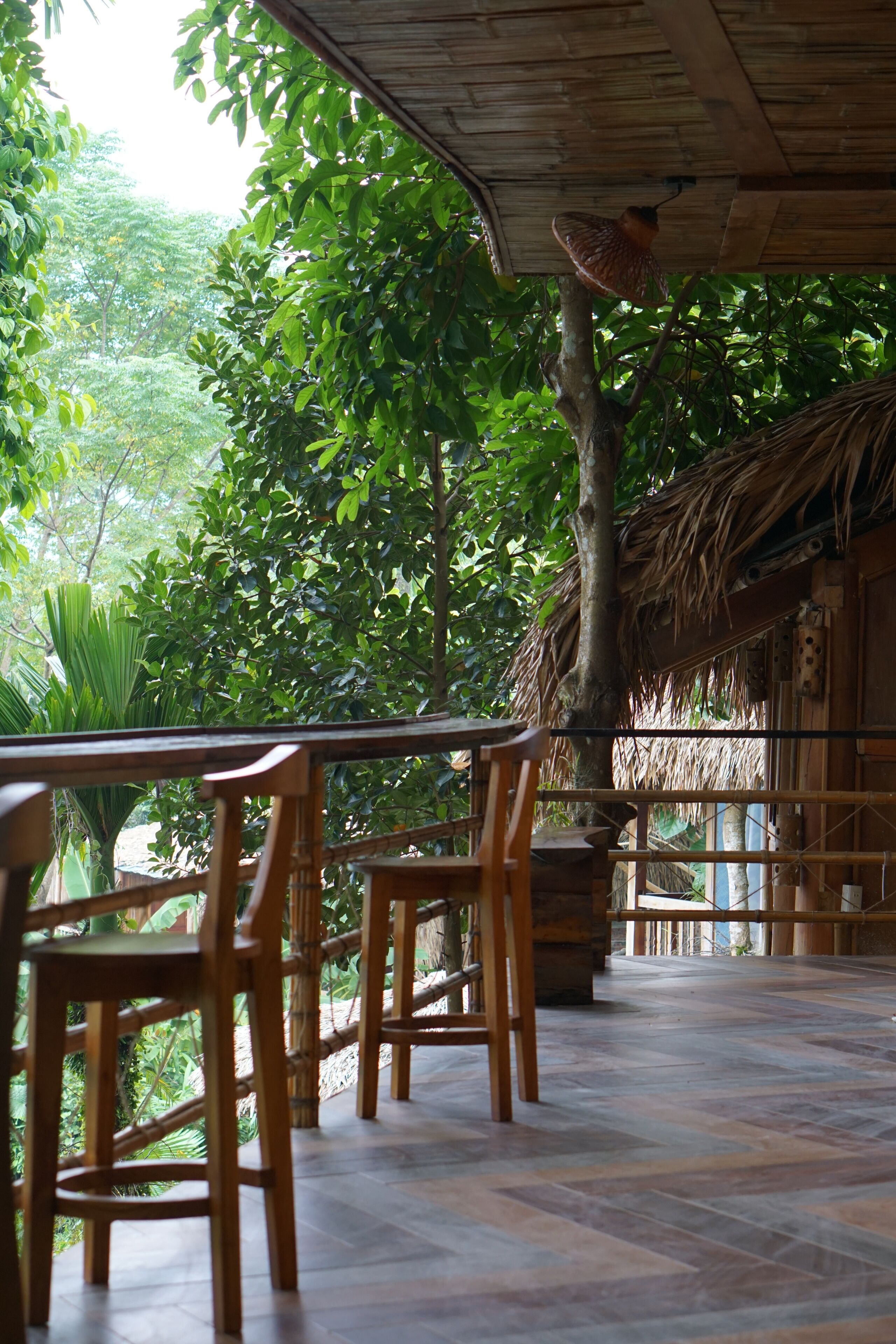 An indoor seating area with wooden chairs and tables, surrounded by lush greenery and a thatched roof structure.