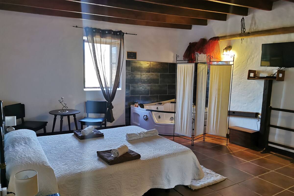 Habitación de hotel con cama, una mesita con lámpara, una silla, bañera y televisión.
