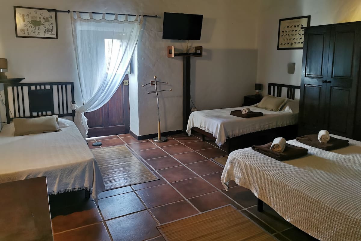 Habitación con dos camas, un televisor, un perchero y una puerta.