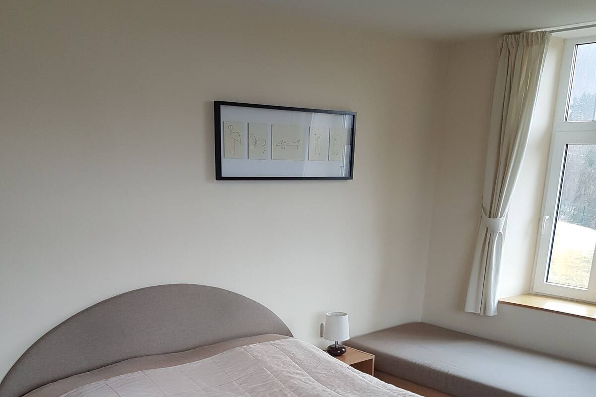 A bedroom with a bed, a bedside table, a lamp, a window with curtains, and a wall-mounted picture.
