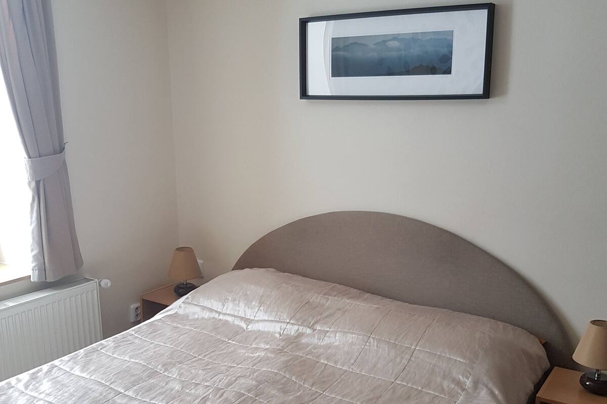 A neatly made bed with a headboard, a bedside lamp, and a framed picture on the wall.