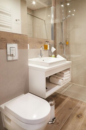 Shower, hydromassage showerhead, designer toiletries, hair dryer
