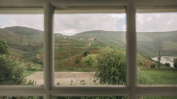 A view through a window of terraced fields and a river, with a building in the distance.