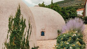 Un edificio tradicional con un camino de piedra que lleva a una puerta azul, rodeado de exuberante follaje y plantas con flores.