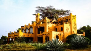 A large, yellow building with multiple windows and balconies, surrounded by greenery and agave plants. - African Heritage House (Mlolongo)