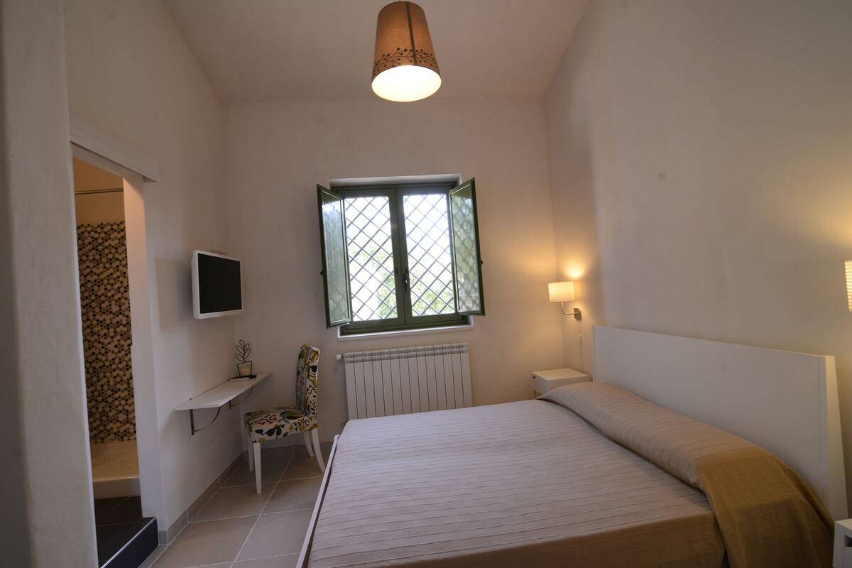 A bedroom with a bed, a TV, a chair, a window, and a radiator.