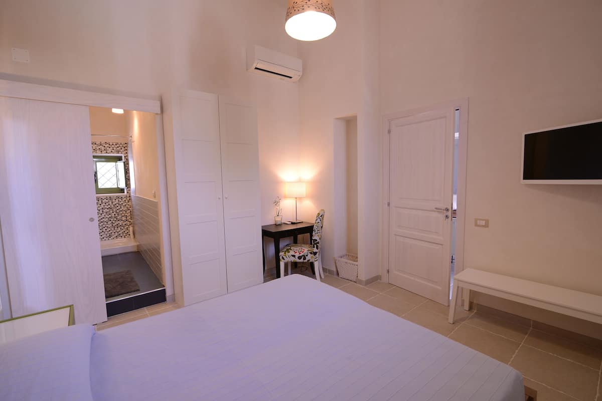 A bedroom with a bed, a desk, a chair, a TV, and a bathroom with a shower and toilet.