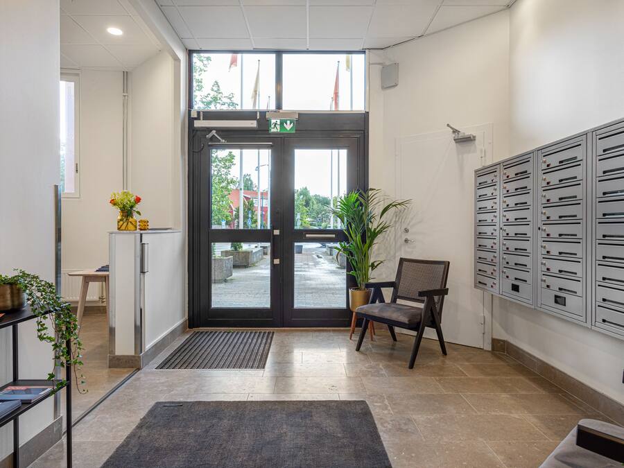 Un espace d’accueil comprenant un bureau, une chaise, des plantes en pot, une grande fenêtre et un mur de boîtes aux lettres.