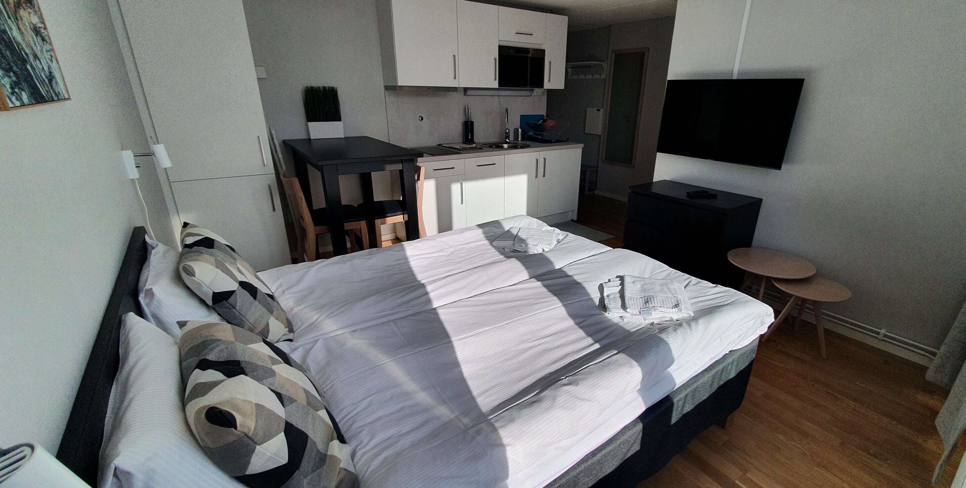 Un dormitorio con cama, una kitchenette pequeña, televisor y zona de estar.
