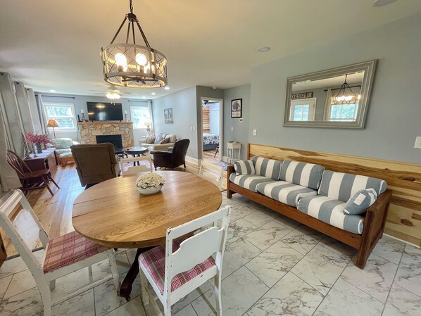 Smart TV, fireplace, books