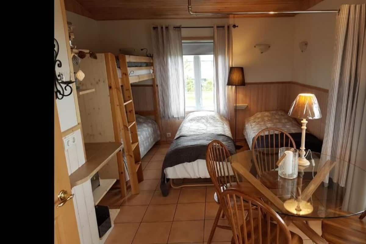 A cozy room with bunk beds, a wooden table with chairs, and a lamp.